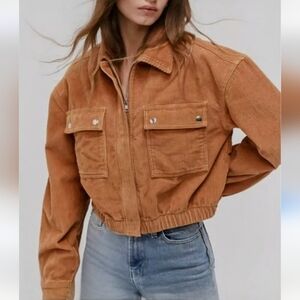 URBAN OUTFITTERS BDG Corduroy Cropped Bomber Jacket Caramel Brown Small EUC
